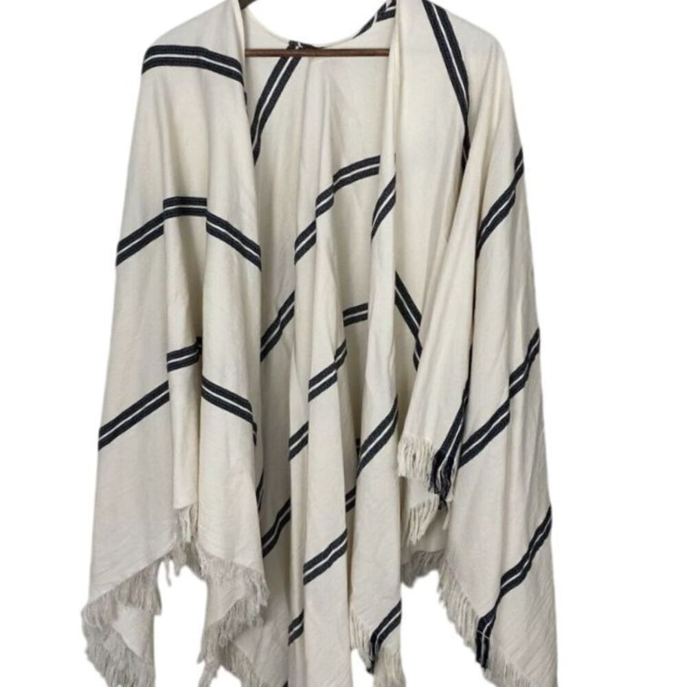 EILEEN FISHER Women‎ Cape Serape Cardigan Cream Black Stripe Neutral One Size